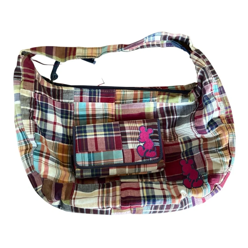 Disney Parks Vintage Hobo Madras Plaid Embroidered Mickey Preppy Bag/Wallet